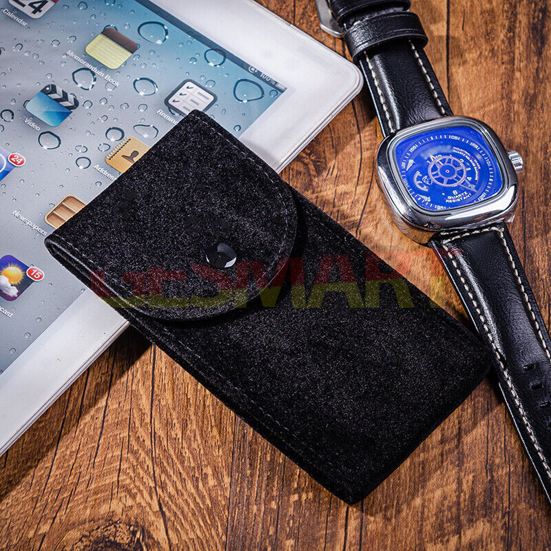 Velvet watch storage bag, portable travel pouch protecting a single mechanical watch.