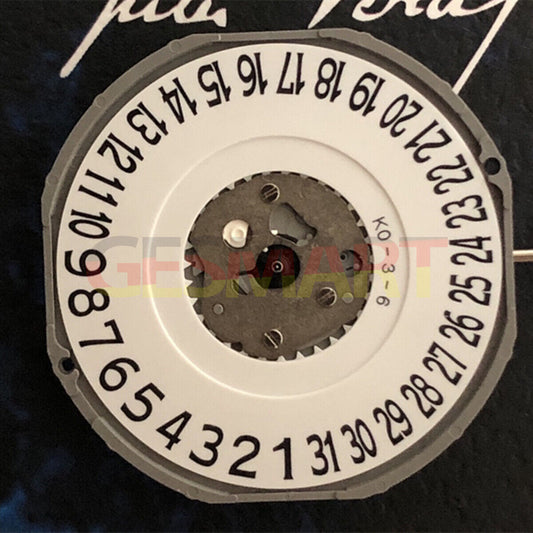 Quartz watch movement Miyota 2415 with date at 6 o'clock and integrated watch stem.