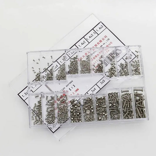 Stainless steel watch back case screws in 1.2mm, 1.4mm, and 2.0mm sizes for repair tools.