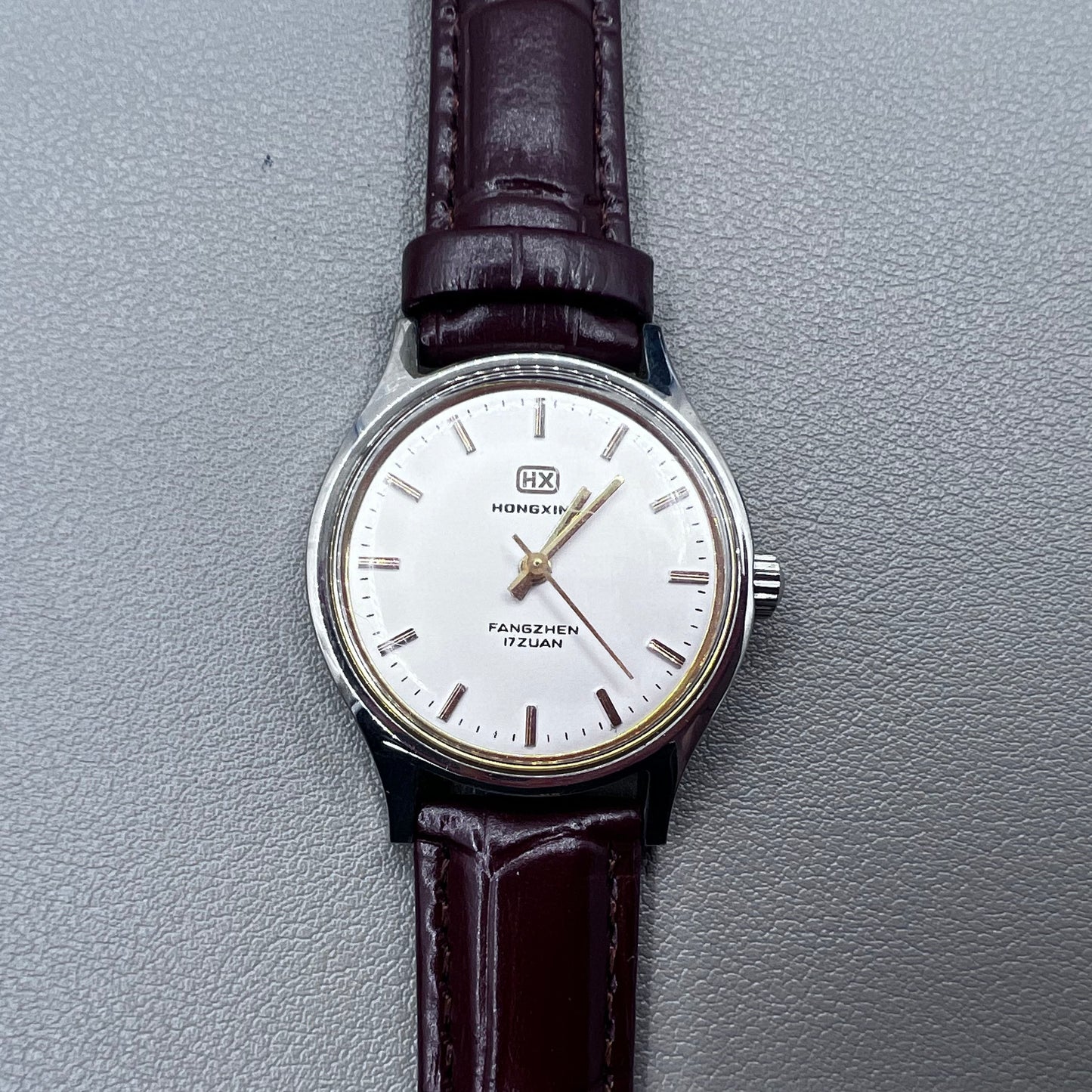 33mm Dark Brown Strap Manual Mechanical Watch Golden Nail Silver Dial Round Golden Case