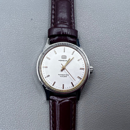 33mm Dark Brown Strap Manual Mechanical Watch Golden Nail Silver Dial Round Golden Case