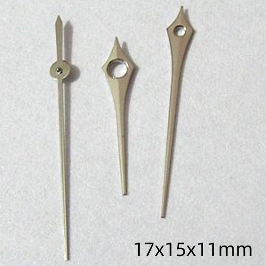 Silver arrow-shaped watch hands with 17mm length, compatible with Miyota 2035, 2115, 2105, 2305 movements.