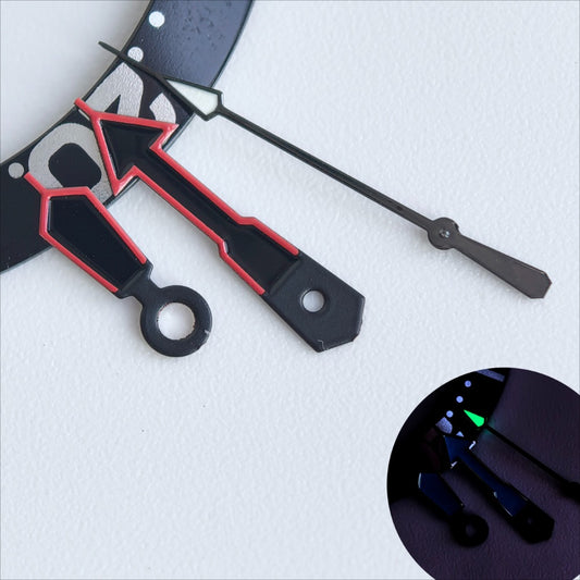 Black watch hands with red trim and green lume, compatible with NH35/36 movement.