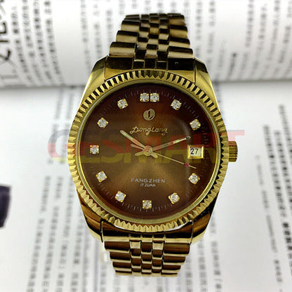 Brown dial 36mm Donglang manual mechanical watch with 17 jewels, single calendar, classic design.