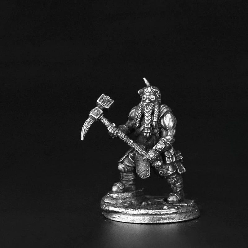 White Brass Figurine Dwarf Miner Miniature - Bearded Prospector with Pickaxe Figure