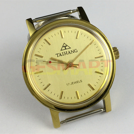 37mm TAIHANG manual watch with golden round case, yellow dial, and gold nail hour markers for elegant style.