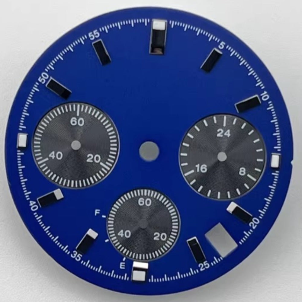 Green lume 29.5mm blue watch dial, no logo, fits VK63 movement, vibrant and precise design.