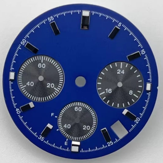 Green lume 29.5mm blue watch dial, no logo, fits VK63 movement, vibrant and precise design.