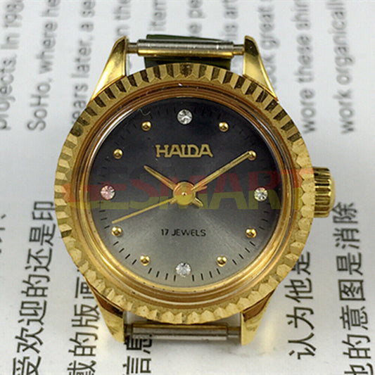 24mm SHANGHAI HAIDA ladies watch with manual mechanical movement, 17 jewels, and diamond nail accents.