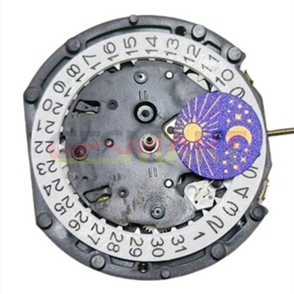 PE90 multifunctional quartz watch with moon phase, small seconds at 3, 6, and 9 o'clock positions.