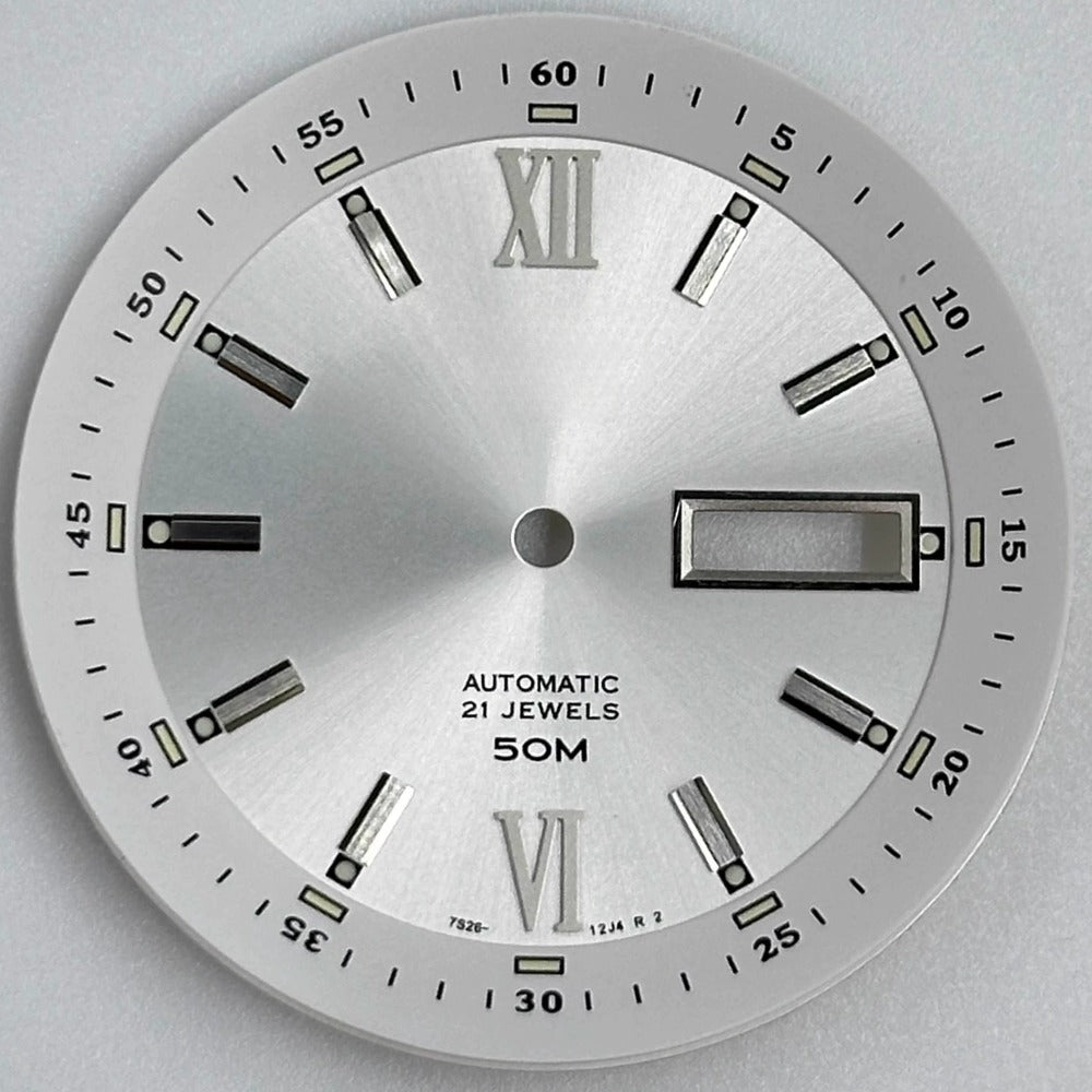 White 35.8mm Datejust watch dial with silver Roman numerals, modified lume for NH36 movement