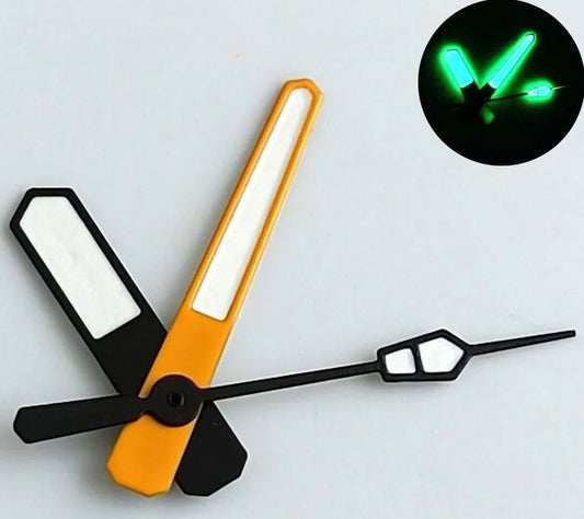White painted watch hands with green lume and black-orange trim, compatible with NH35/36/70 movements.