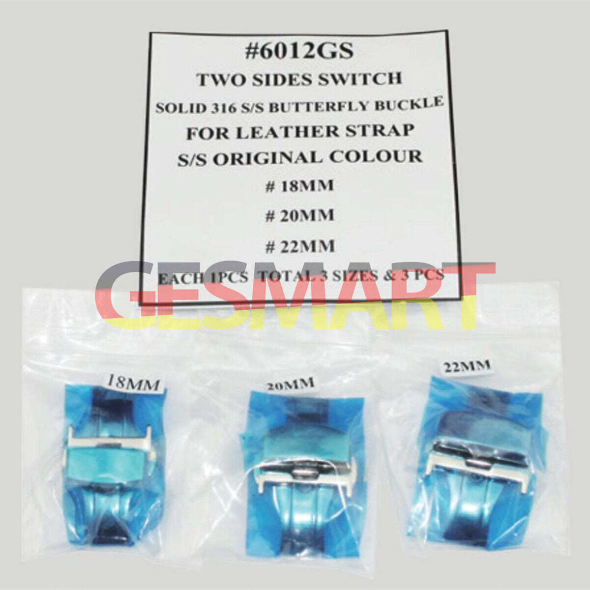 Set of 3 stainless steel butterfly watch buckles by Two Sides Switch, perfect for men's leather straps.