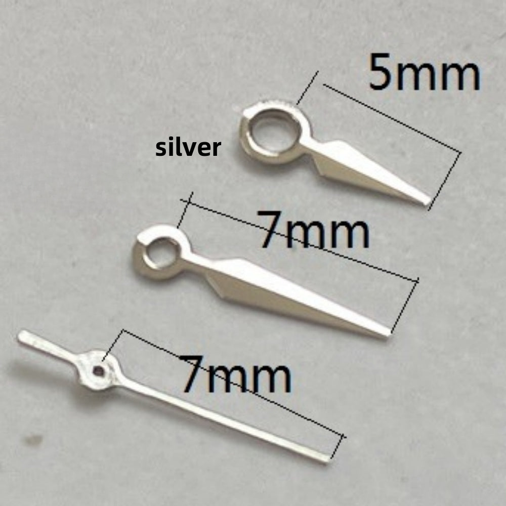 Silver arrow-shaped watch hands for Seagull ST6 automatic mechanical movement, 7x7x5mm precision parts.