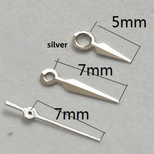 Silver arrow-shaped watch hands for Seagull ST6 automatic mechanical movement, 7x7x5mm precision parts.