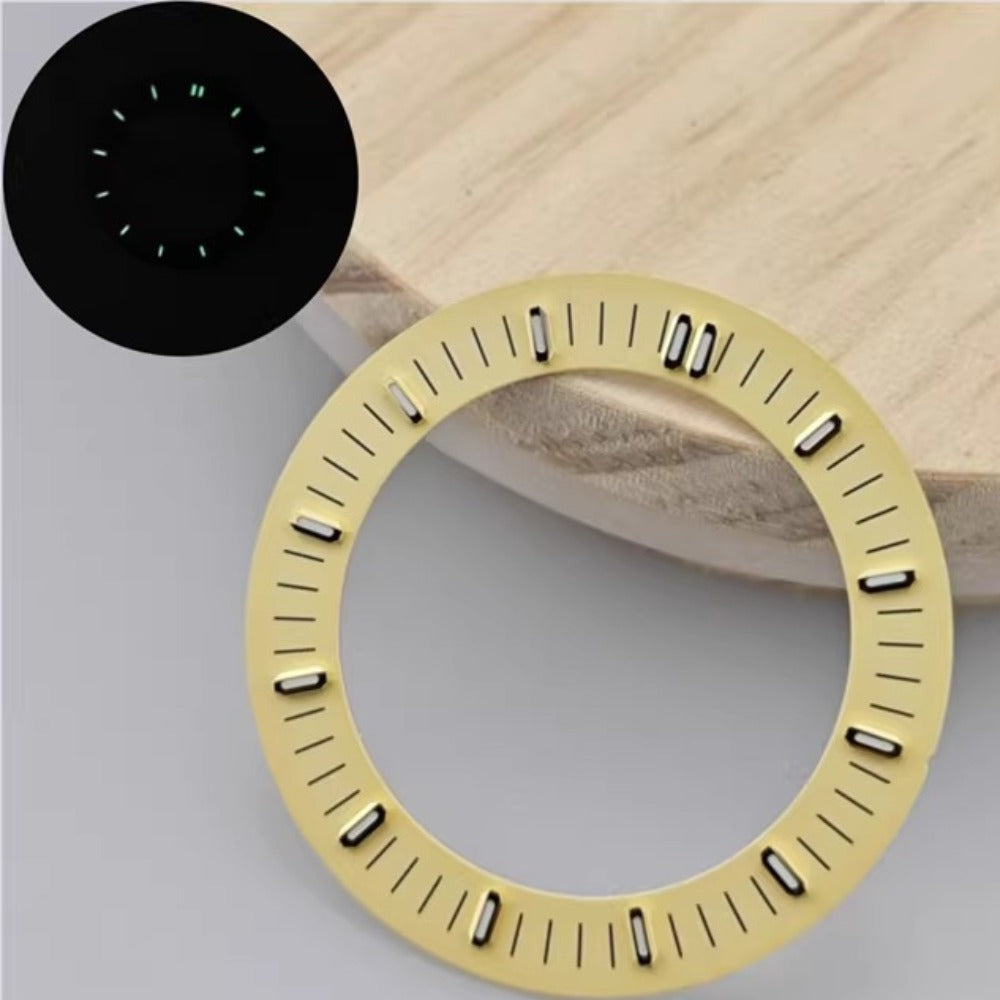Golden 31mm hollow green lume watch dial by Oak Tree, fits NH70/NH35/NH36, modern style.