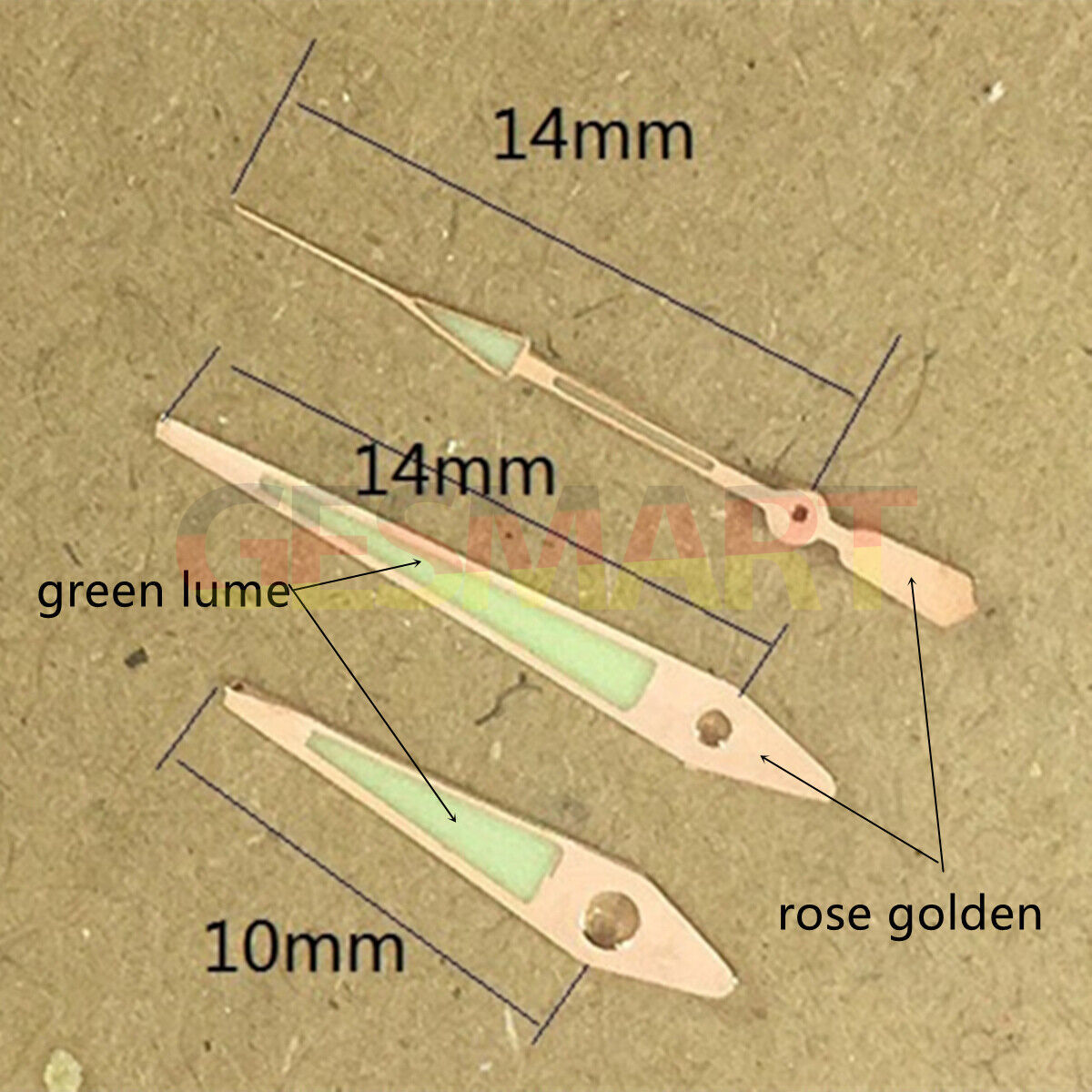 14mm Rose Gold Arrow-Shaped Green Luminous Watch Hands for ISA 2331 movement