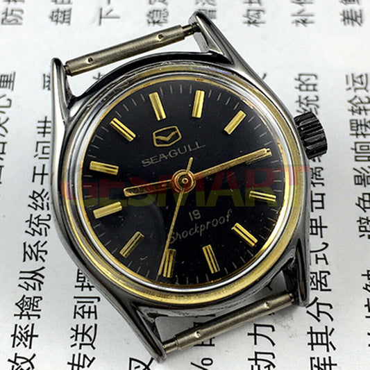 Black case Seagull ladies watch with golden nail markers, shock-resistant manual mechanical movement