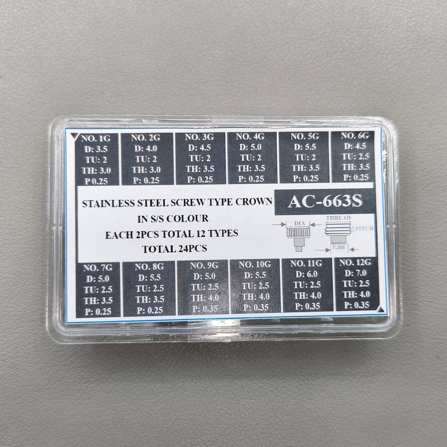 Each 2 PIECES 12 Types 24PCS Total Stainless Steel Screw Type Crown