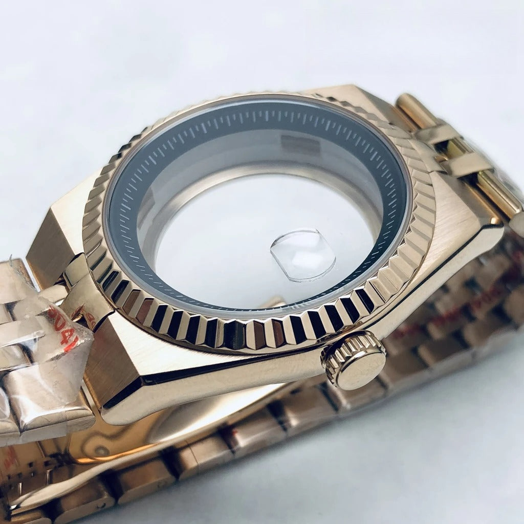 Rose Gold 40mm Land-Dwellwe 904L Watch Case+Strap Sapphire Glass Fit NH35 NH36