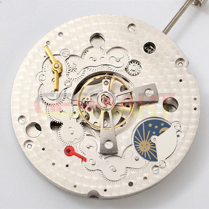 Dandong Silver watch accessory featuring hollow star and moon phase design, automatic mechanical movement, elegant detail.