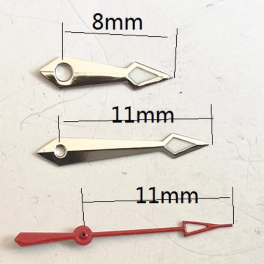 Silver+Red 11x11x8mm Silver Trim Green Lume Watch Hands for Miyota 2035 quartz movement, precise replacement parts.