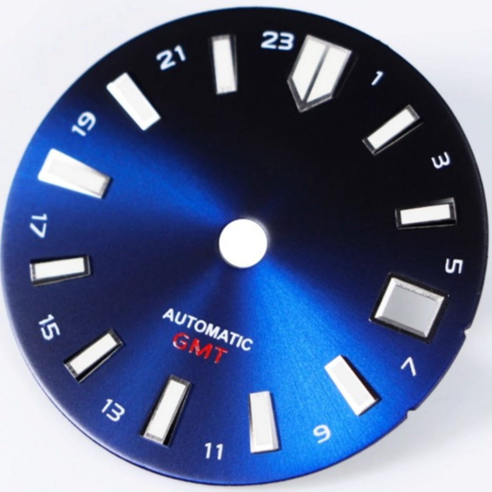 Gradual Blue 28.5mm MOP watch dial by Modified Seashell for NH34 GMT, elegant gradient design.