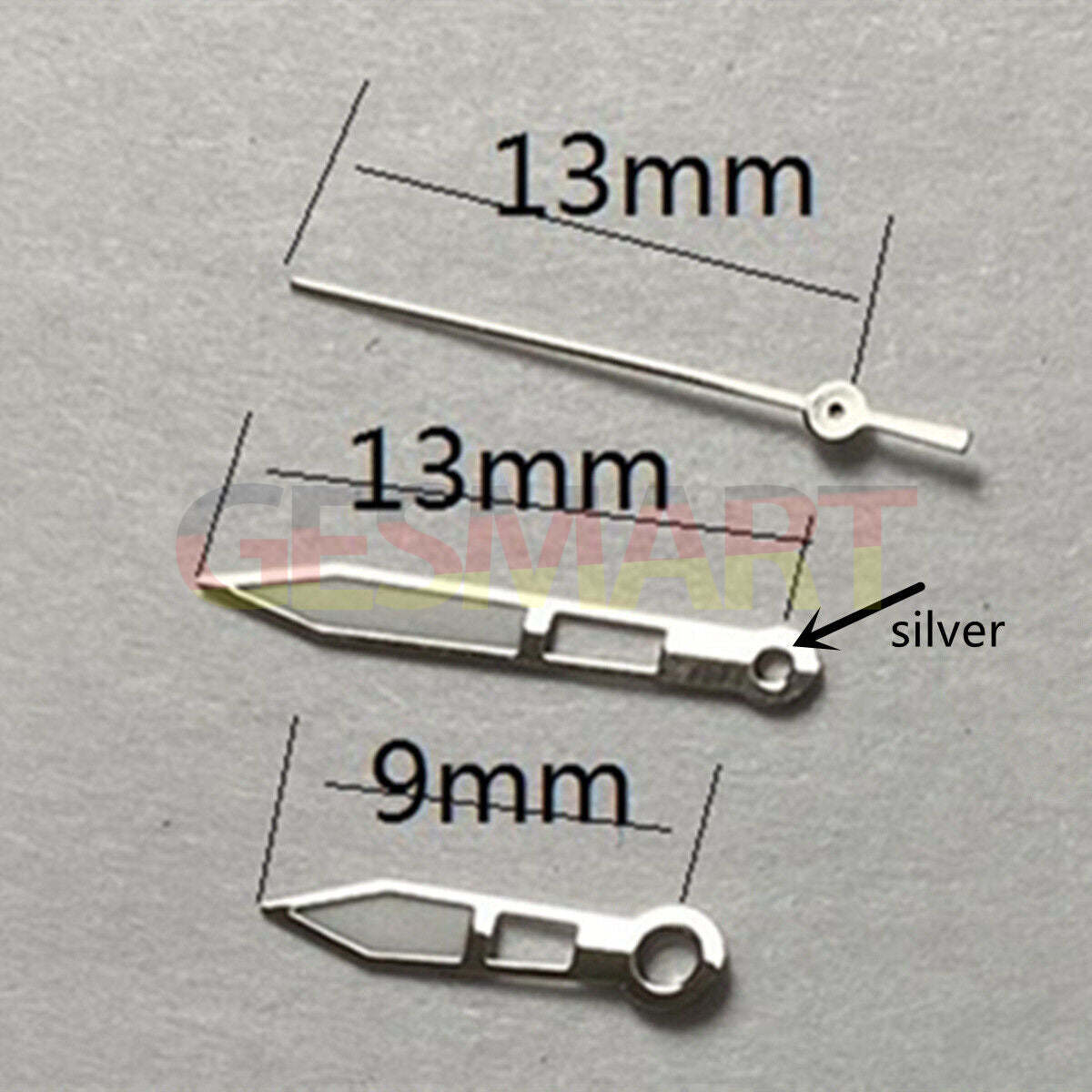 13mm silver trim green lume watch hands for Miyota 2315 series, enhancing visibility and style.