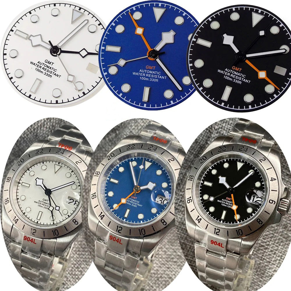 3/3.8 clock Nologo NH34 watch dial, 29mm white and blue steel plate with green luminous snowflake hand for GMT mod