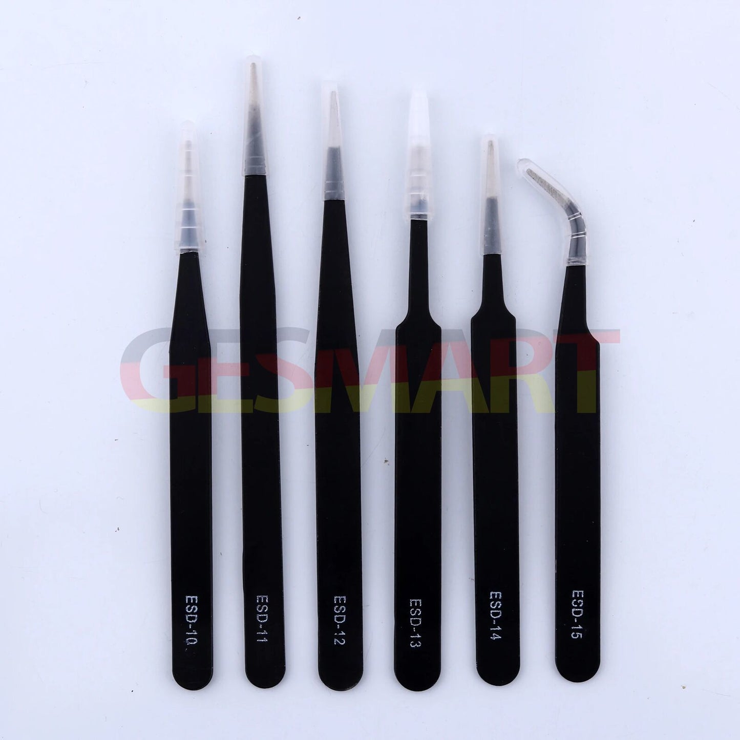 Set of 6 black-plated anti-static stainless steel tweezers in PVC pouch for watch and jewelry repair.