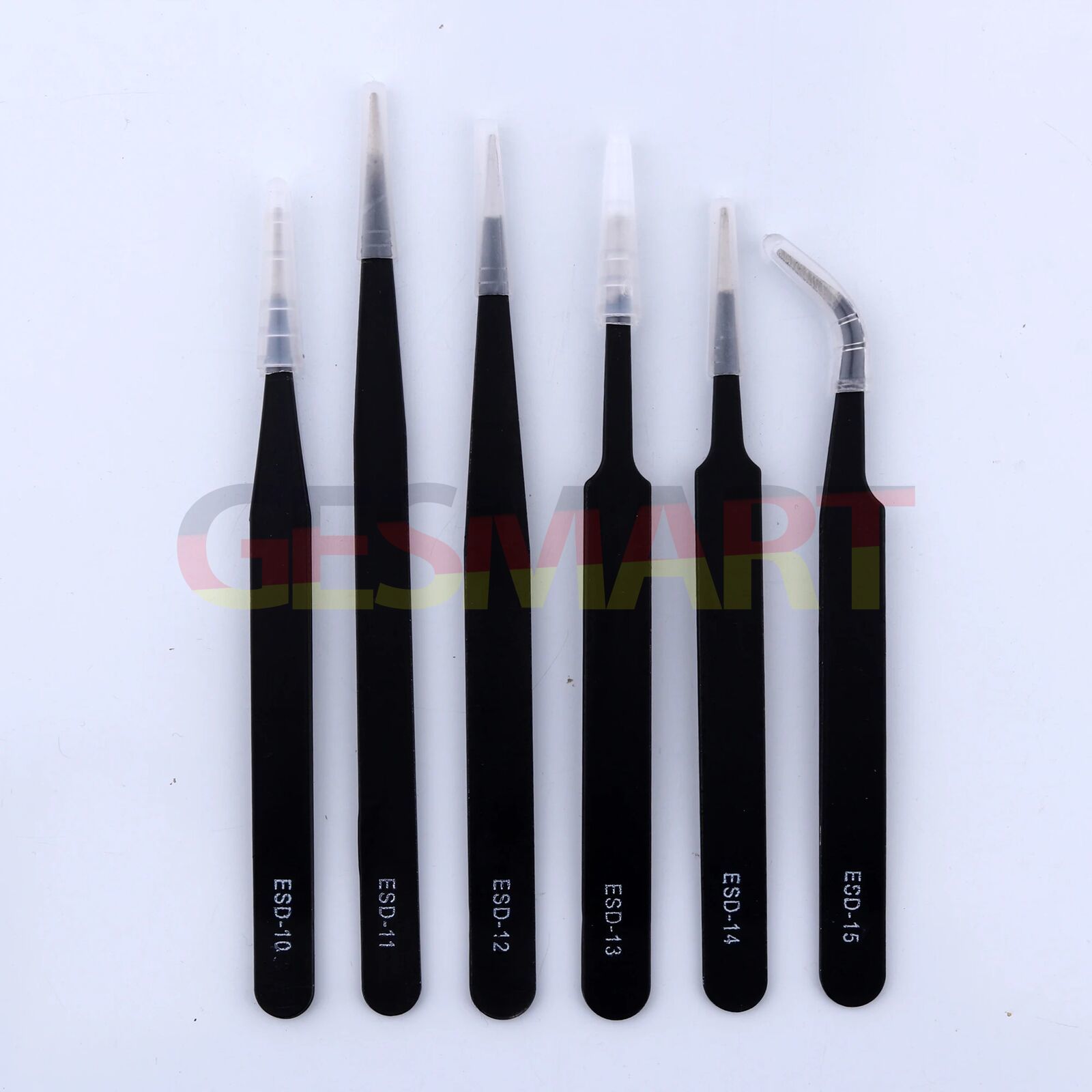 Set of 6 black-plated anti-static stainless steel tweezers in PVC pouch for watch and jewelry repair.