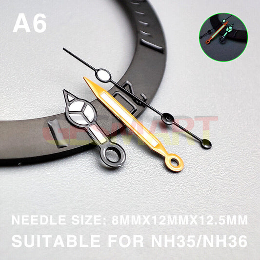 Green luminous black trim 12.5mm watch hands for Miyota NH35/NH36/NH38 movements.