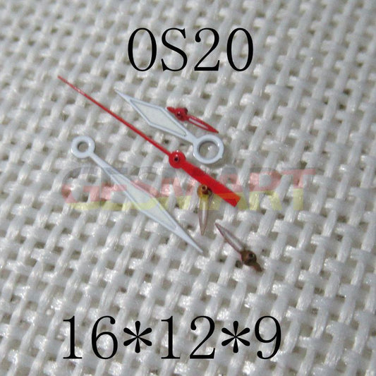 Red second hand with green lume for Miyota OS20 watch movement, precise and luminous time indication.