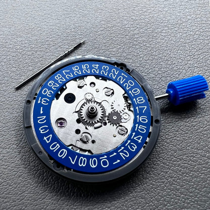 Seiko NH34 mechanical GMT watch movement with blue disk and white font for accurate timekeeping.