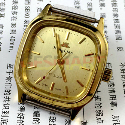 HONGLIAN manual mechanical watch with square golden case, golden nail markers, and elegant classic golden dial.
