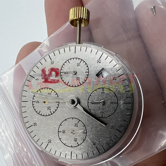 Close-up of Asian 7750 Chronograph Movement with white dial, single calendar, and second subdial @9, ETA style.