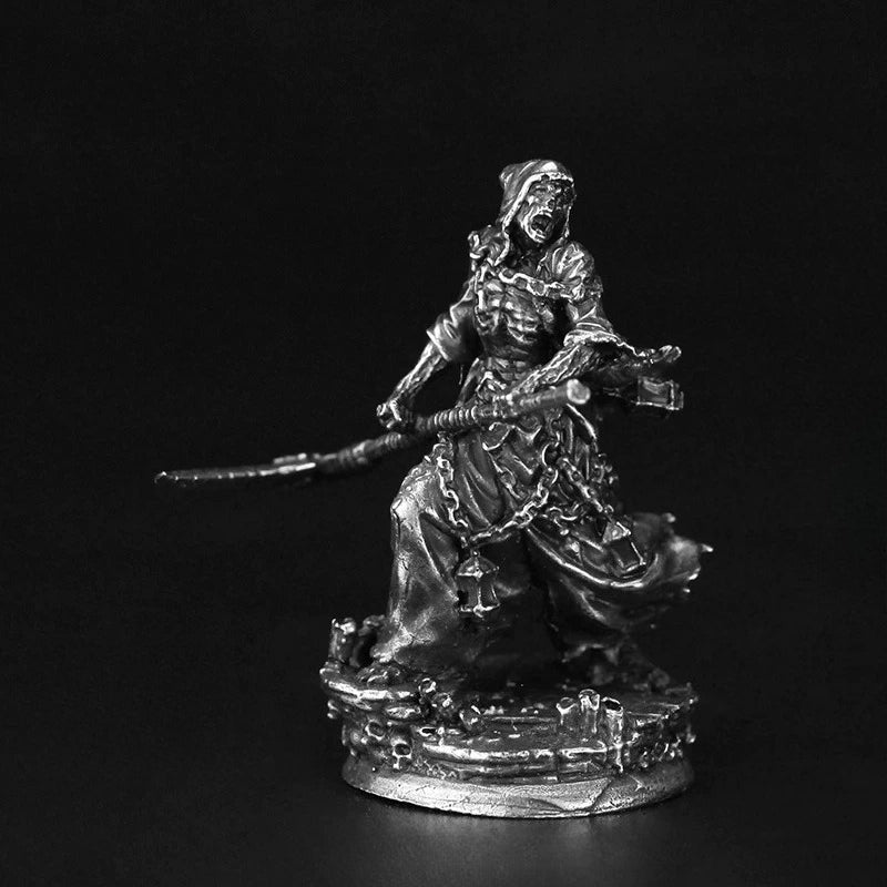 White Brass Figurine Undead Wraith Miniature - Hooded Ghost Caster with Staff Figure