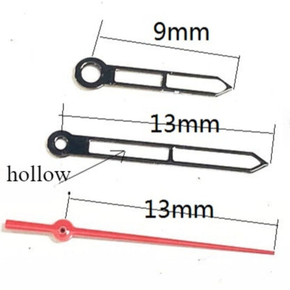 Black hollow lume arrow watch hands, 13mm size, compatible with Ronda 515 quartz, for precise timekeeping