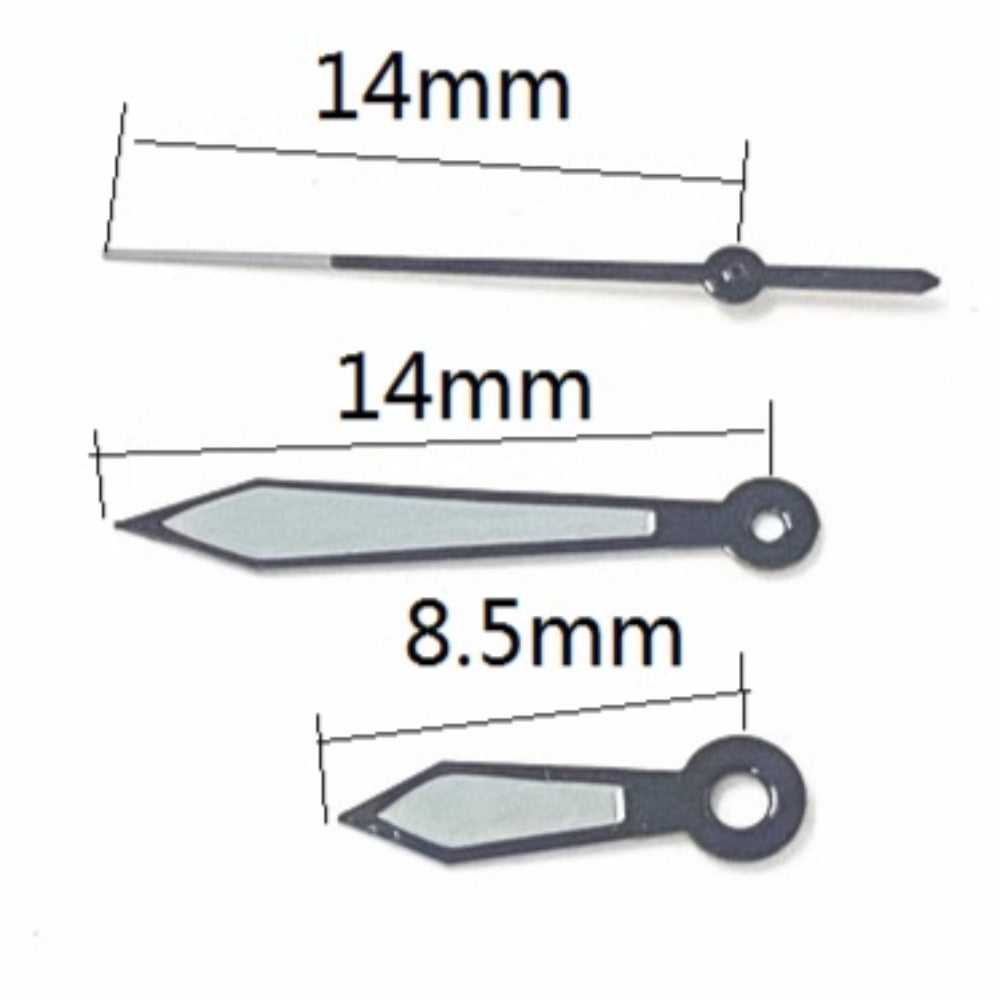 Dark grey trim painted watch hands for Miyota 2035 quartz, 14x14x8.5mm, stylish accessory.