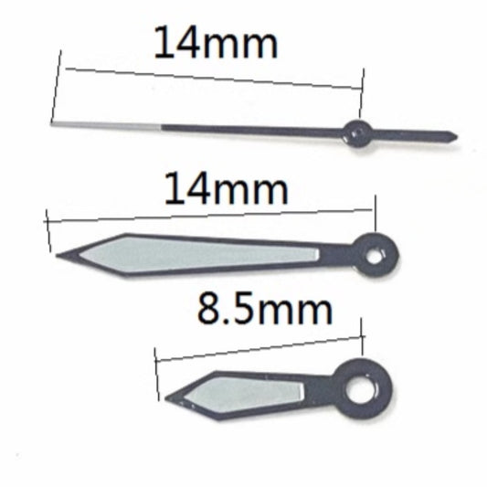 Dark grey trim painted watch hands for Miyota 2035 quartz, 14x14x8.5mm, stylish accessory.