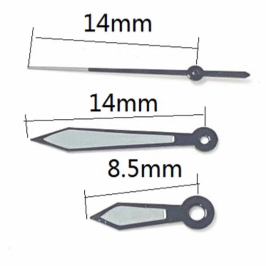 Dark grey trim watch hands, 14x14x8.5mm, compatible with Miyota 2035 quartz movement.
