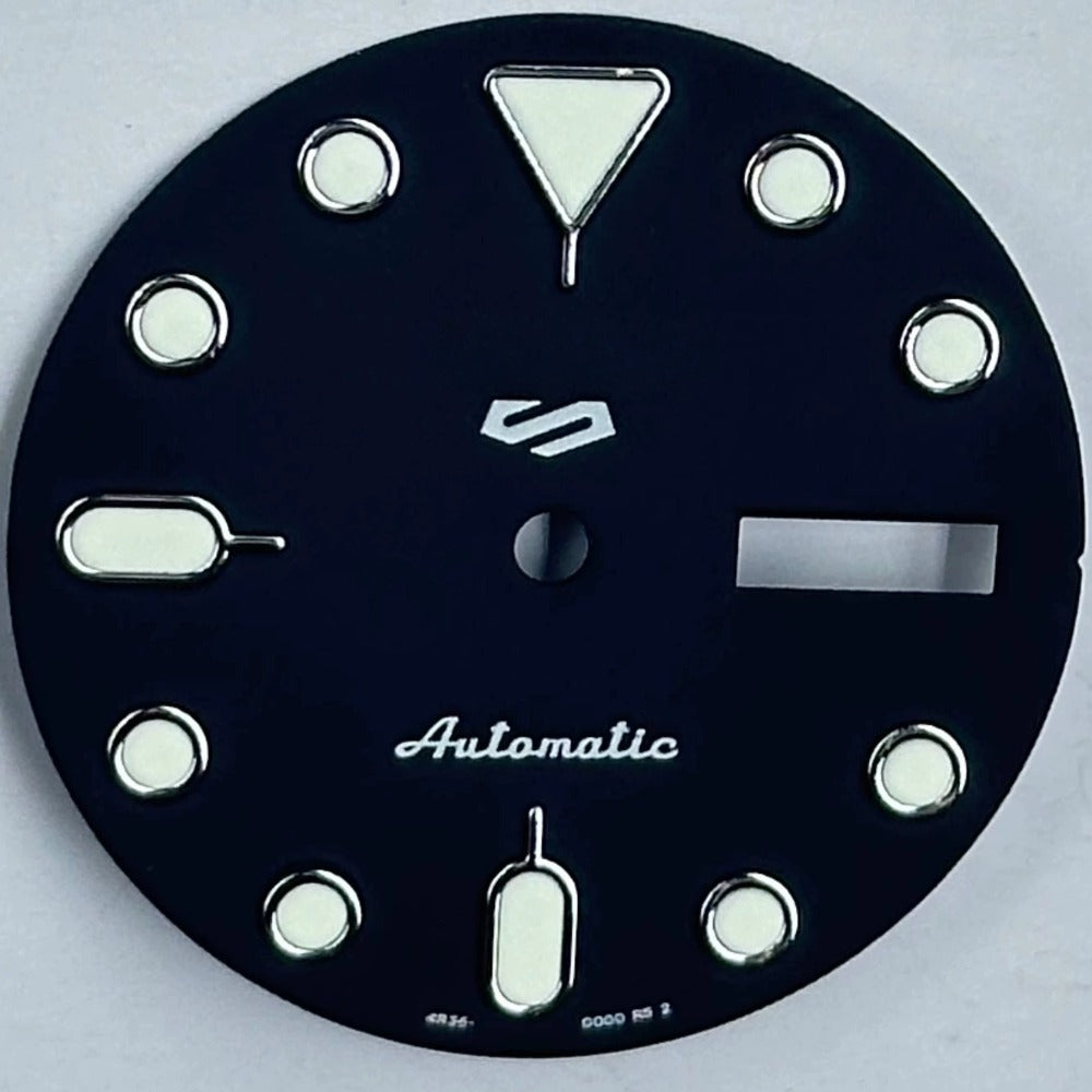 Black and silver trimmed Nail Datejust dial with green lume for NH35 NH36 watch movement by Black+Silver.