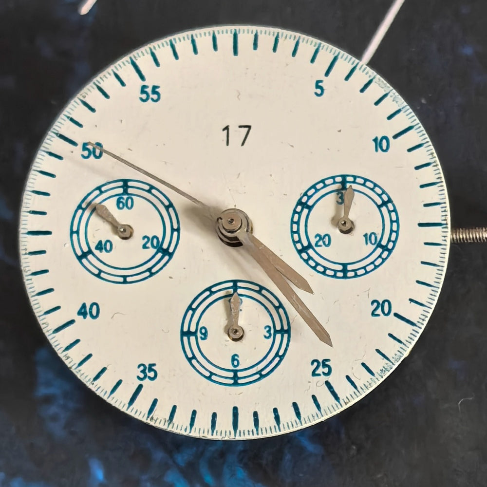 Chinese Dandong 7750 mechanical watch movement with 21600Hz frequency and small seconds at 9 o'clock.