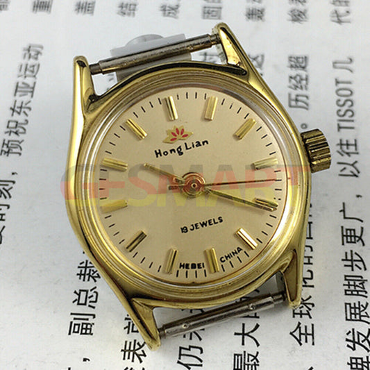 Elegant 26mm HONGLIAN lady watch with golden nail markers, round gold case, and 3-hand manual movement.
