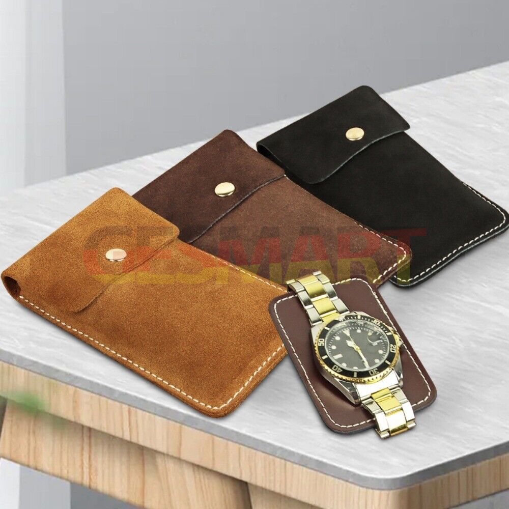 Genuine cowhide watch storage bag, portable travel pouch with soft lining for secure watch protection.