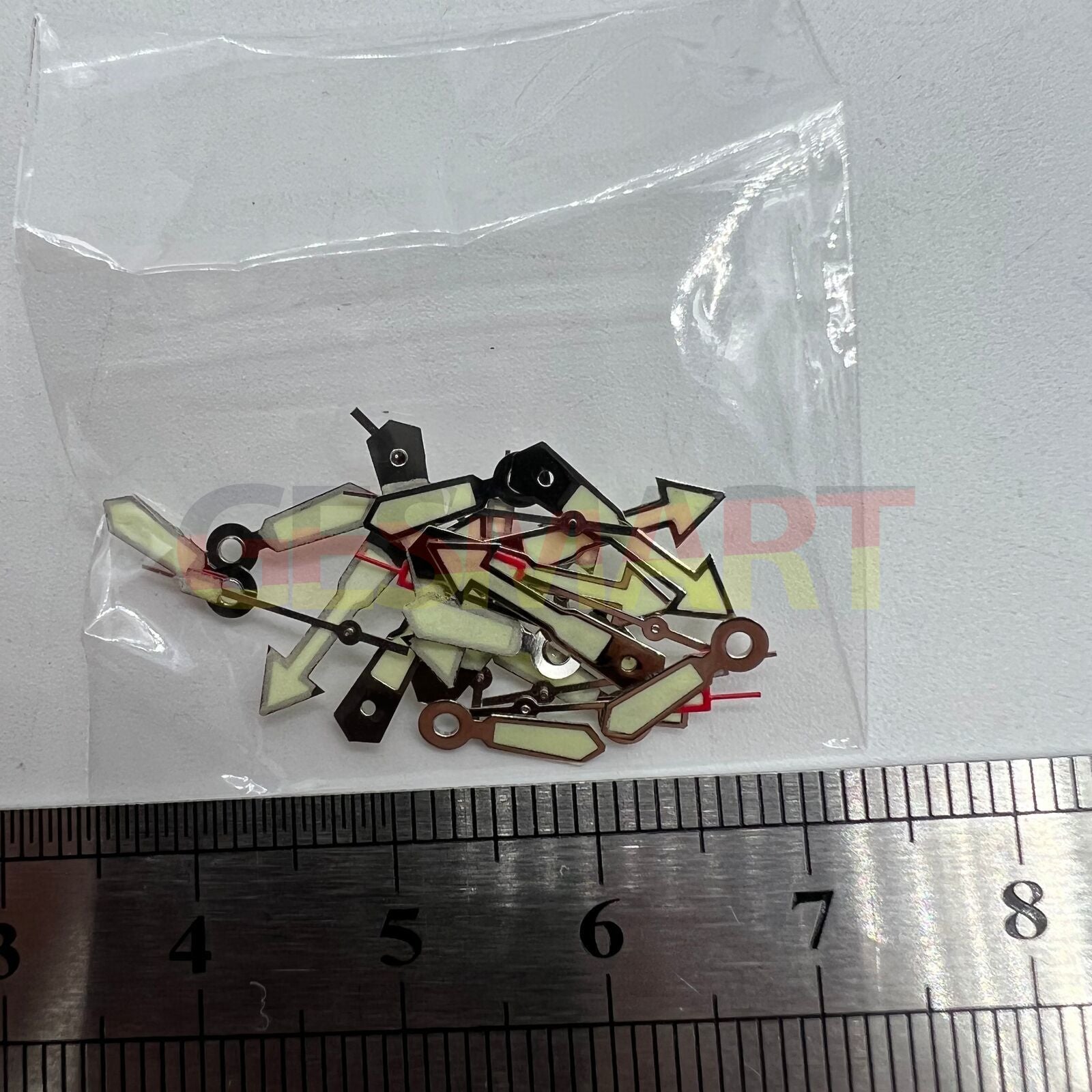 Silver arrow-shaped watch hand with green lume, compatible with Miyota 2035, 2115, 2105, 2305 movements.