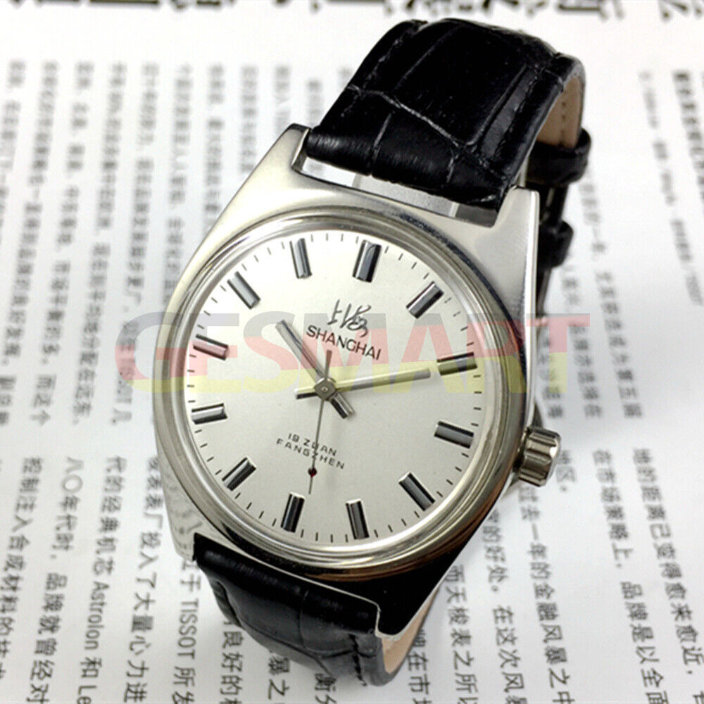Shanghai Factory 38mm manual mechanical watch with white dial, 3 hands, 19 jewels, classic design.