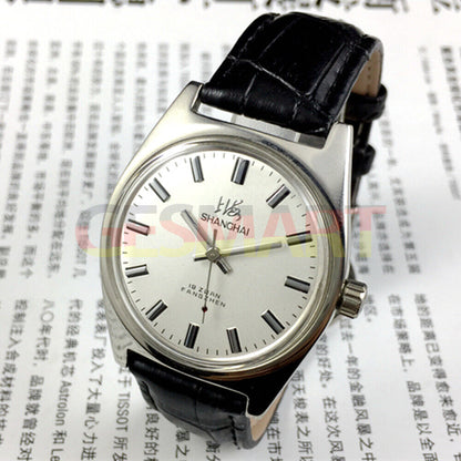 Shanghai Factory 38mm manual mechanical watch with white dial, 3 hands, 19 jewels, classic design.