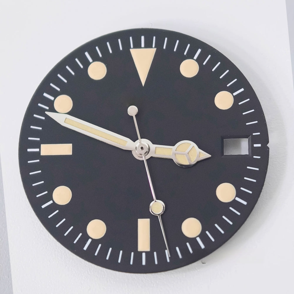 Vintage green lume watch dial with calendar display and silver trim hands for NH34 NH35 movements.