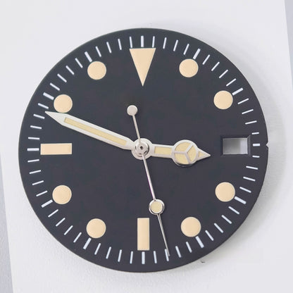 Vintage green lume watch dial with calendar display and silver trim hands for NH34 NH35 movements.